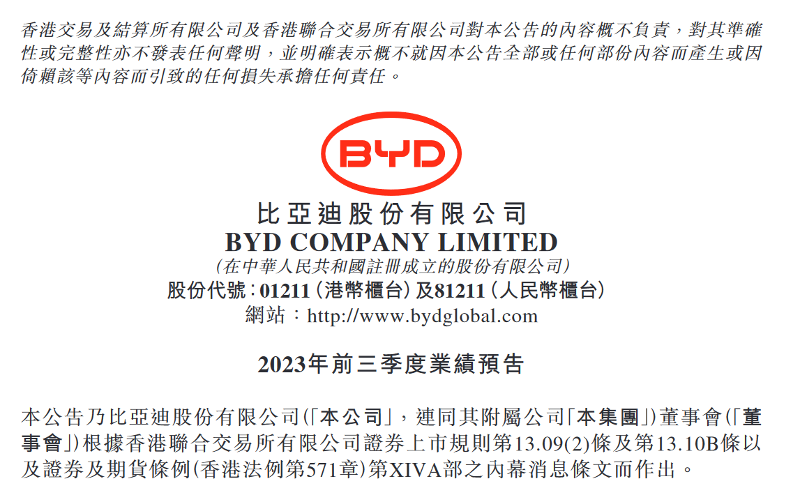 日赚一个亿？比亚迪发布三季度业绩预告